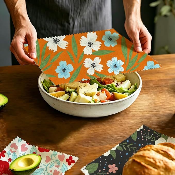Reusable Beeswax Wraps, 9 Pack Eco-Friendly Food Storage, Organic, Sustainable, Zero Waste, Plastic-Free, For Sandwich, Snack, Bowl, Bread, Fruit, 1XL, 3M, 5S, Assorted Floral Patterns
