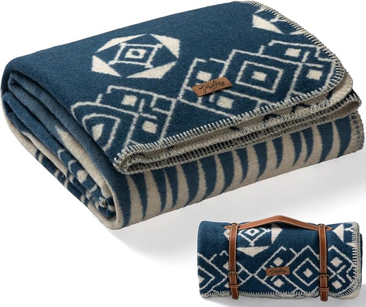 Molithe 100% Wool Blanket, 62" x 86", Warm, Thick, Washable, Military | Great for Camping, Outdoors, Sporting Events, Survival Kits Island Blue