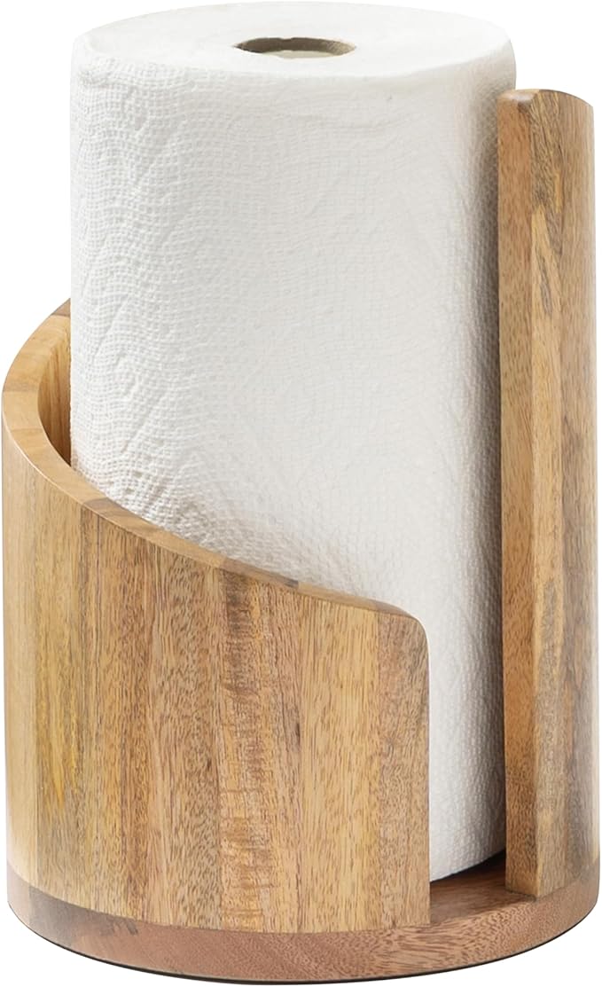 Anji Mountain Wooden Paper Towel Holder Countertop with Mango Wood Round Base and Iron Holder, Holder Stand for Kitchen Roll Organizer & Kitchen Dining Table Home Decor - Mango/Gold, Classic