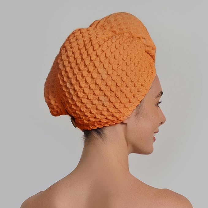 Luxury Organic Japanese Cotton Hair Drying Waffle Towel Wrap for Women | Absorbent, Quick-Dry Head Turban for Shower, Sauna, Spa | Extra Large for Long, Curly, Straight Hair With Button (Orange, 1 Pc)