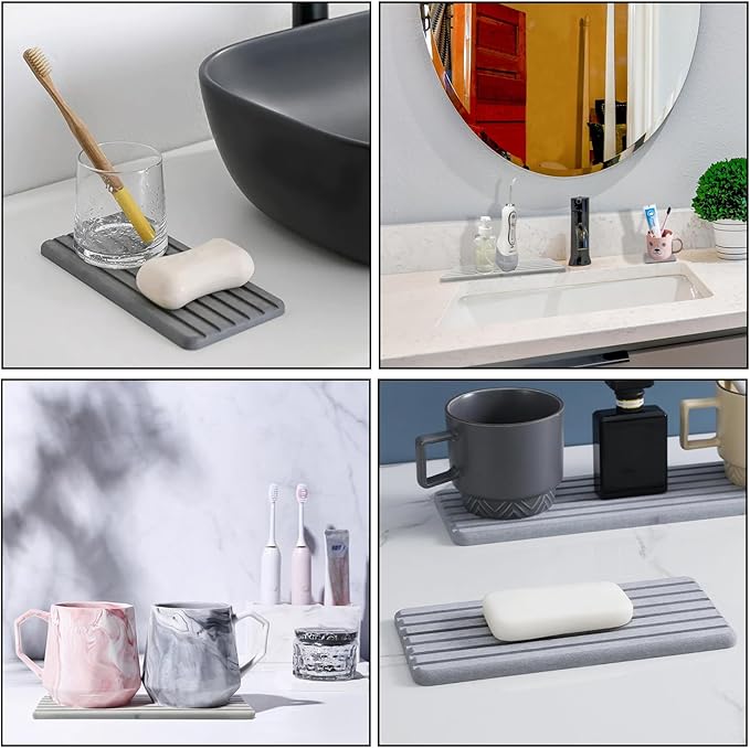 Water Absorbent Diatomite Coasters 12.2 Inch x 5.5 Inch 2 Pcs Grooved Design Diatomaceous Earth Soap Holder Grey Water Absorbing Stone Tray for Sink Cups Plants Cosmetic Bottles