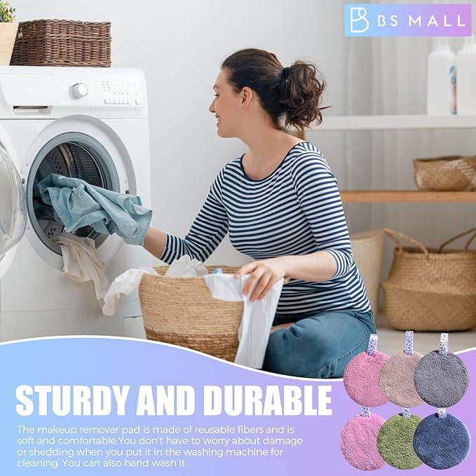 BS-MALL 6 Pcs Reusable Makeup Remover Pads with Round Box - Soft Micellar Water Wipes for Eye Shadow & Facial Cleansing - Gentle for All Skin Types - Perfect Women Gifts