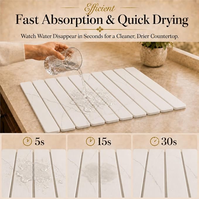 2 PCS Large Stone Dish Drying Mat for Kitchen Counter, 24" x 16" Diatomaceous Earth Dish Mat with 8" x 4" Coaster, Quick Dry Foldable Absorbent Mat for Dishes, Cups, Bottles (White)