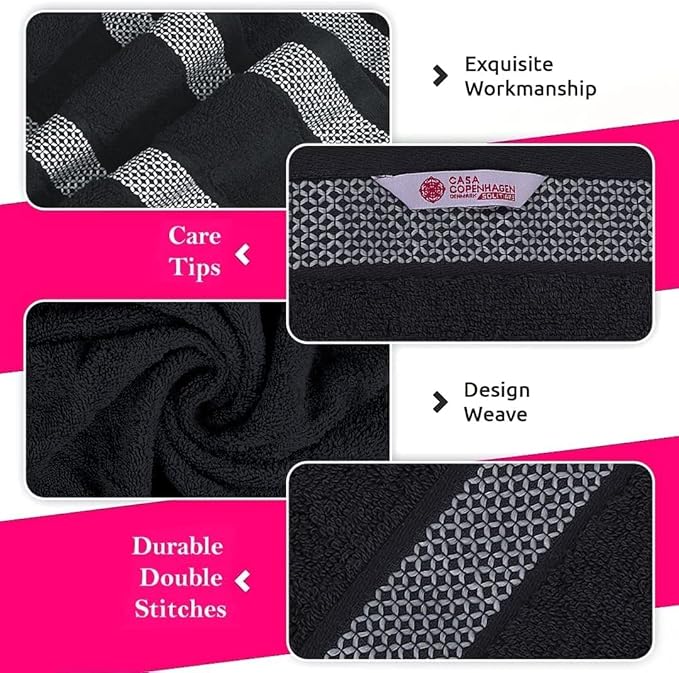 CASA COPENHAGEN Solitaire 6Pcs 100% Egyptian Cotton Large Designer Towels Gift Set- Pinstripe Grey, 600GSM, 2Bath 2Hand 2Washcloths, Bath Towels for Bathroom Set for Women & Men