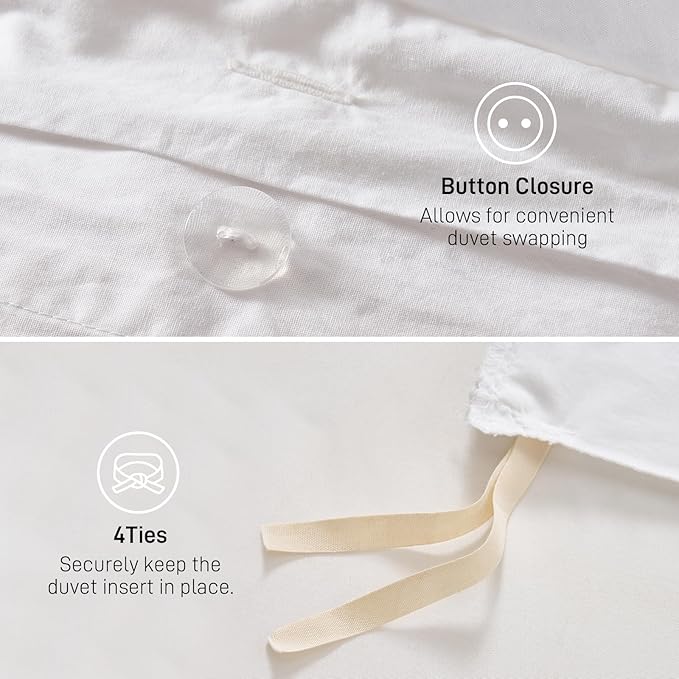 Duvet Cover Set Twin Size, 100% Washed Cotton, Light Weight Breathable Comforter Cover Linen Feel, 2PCs Breathable Bedding Set for All Season, White 68"x90"