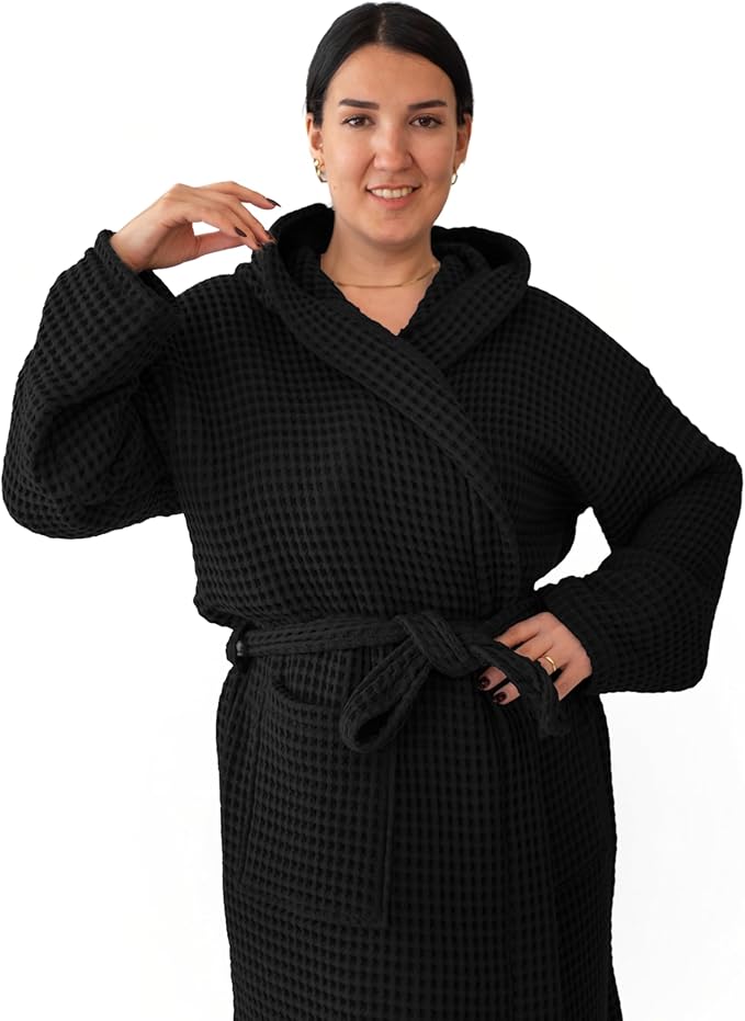 Unisex Hooded Waffle Robe for Women & Men 100% Turkish Cotton | Quick-Dry Bathrobe | Cozy Housecoat for Lounging