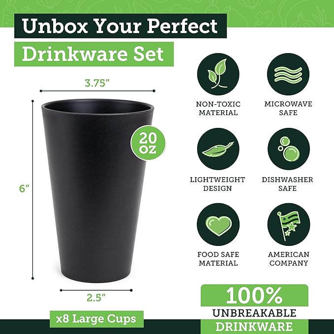 Grow Forward Premium Wheat Straw Cups - 20 oz Unbreakable BPA Free Hard Plastic Cups - Reusable Lightweight Plastic Drinking Glasses for Kitchen, Outdoor, Water, Camping, RV - Moonlight