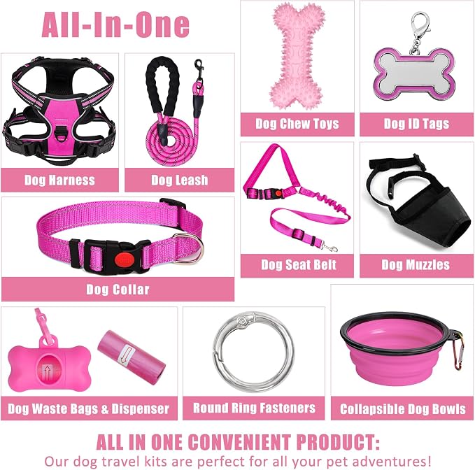 No Pull Dog Harness Adjustable Collar & Leash Set - Dog Halter Harnesses Collapsible Bowls & Poop Bag Dispenser Muzzle ID Tags Toys Fits Small Medium Large Dogs (Pink-S)