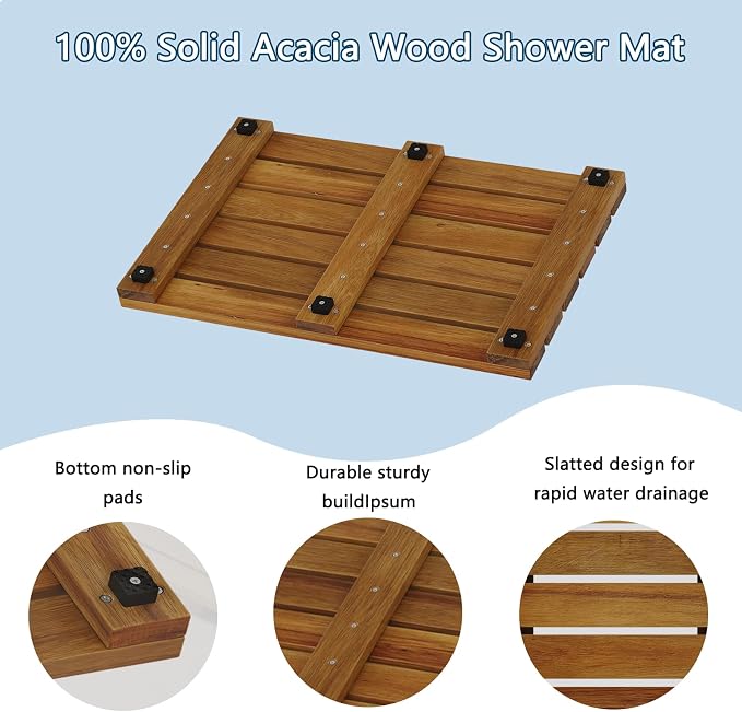 19.7"x13" Solid Acacia Wood Shower Mat, Non Slip Wooden Bath Mat, Indoor Outdoor Entryway Door Mat Multi-Purpose Plant Stand for Shower Bathtub Pool Spa Garden (Small)