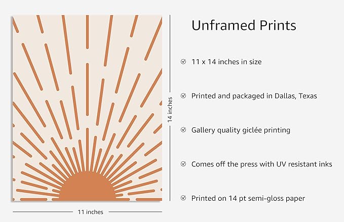 Y2K BOO Minimalist Sunburst UNFRAMED Wall Art Abstract Geometric Arch Earth Tones Terracotta Mid Century Modern 11x14 Inch Heavyweight Paper Boho Sunrise Studio Decor