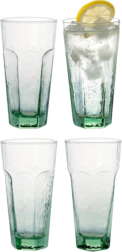 Red Co. Set of 4 Textured 17 Fl Oz Recycled Glass Beverage Drinking Tumblers, Green-Tinted