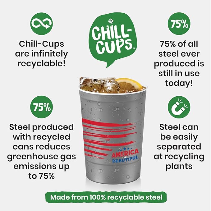 Steel Chill Cups 16 oz. Party Cup America the Beautiful Design for Cold Drinks, Durable, Disposable, Recyclable, Made in USA, Gray, 12 Count