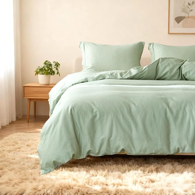 Simple&Opulence French Linen Duvet Cover Set 88" x 92"- 3 Pieces (1 Comforter Cover,2 Pillowcases)- Natural Flax Cotton Blend-Solid Color Breathable Farmhouse Bedding-Mint Green, Queen