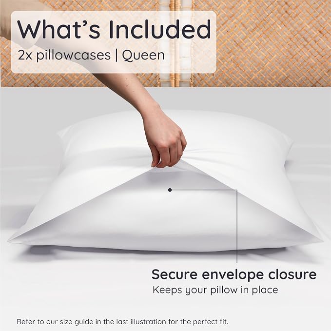 Bambaw 100% Viscose Derived from Bamboo Pillowcase Queen Size – Set of 2 Queen Cooling Pillow Cases for Hot Sleepers with Envelope Closure, Anti Acne Pillow Case, Breathable & Super Soft (White)