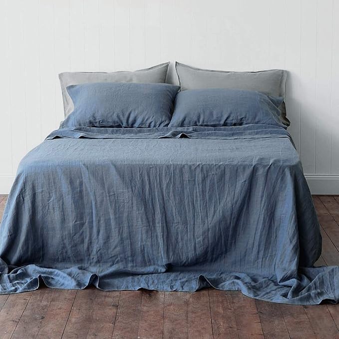 BISELINA Linen Sheet French Flax Flat Sheet Only 55% Euro Linen 45% Cotton Basic Style Solid Color Soft Breathable Farmhouse Top Sheet 1-Piece (Twin, Navy Blue)