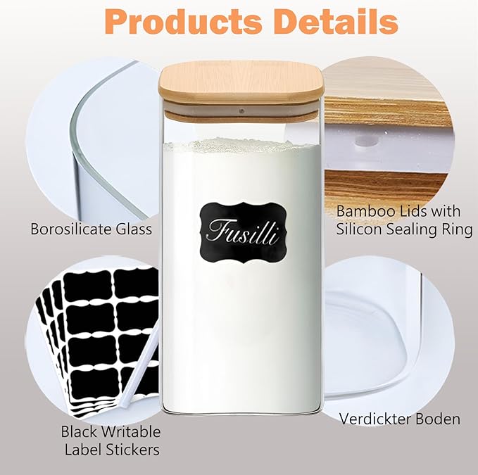 Glass Storage Containers with Lids, Clear Food Storage Container Jar with Sealing Bamboo Lid for Noodles Flour Cereal Rice Sugar Tea Coffee Beans (Square-5Pack)