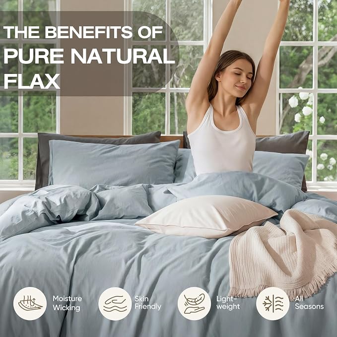 100% Pure French Flax Linen Blend Duvet Cover Set King Size, 3-Piece Breathable Bedding Set with Long Zipper Closure & Corner Ties, Soft, Lightweight & Durable Bedding Ideal for Hot Sleepers