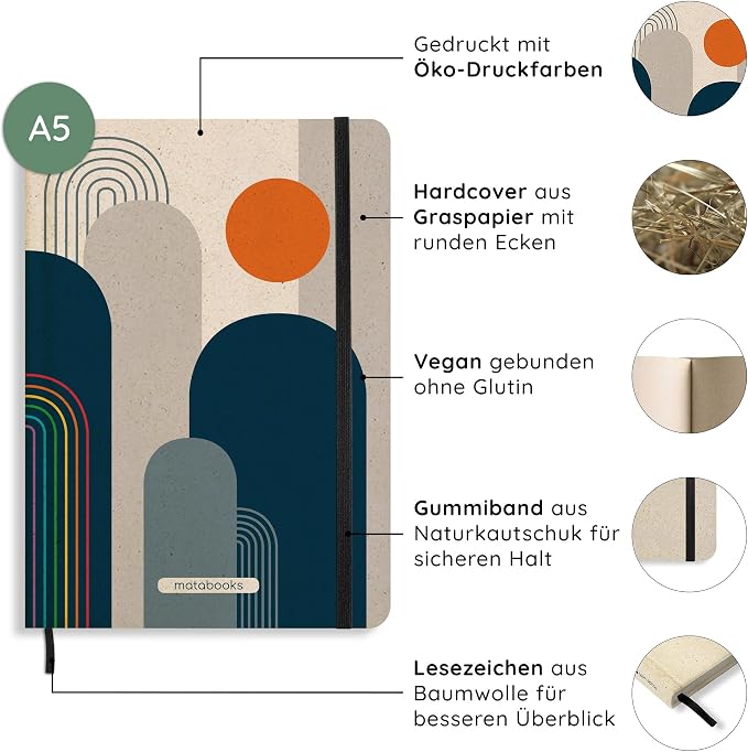 Sustainable and Vegan Notebooks A5 Made of Sweetgrass Paper, Nari Pride Collection, 138 Pages, Natural, Handmade, Made in Germany (Harmony)