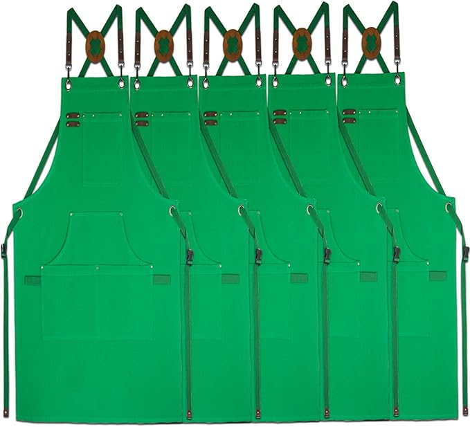 5 Pack Kitchen Apron, Work Apron, Canvas, Multiple Pockets, Gardening, Painting, BBQ, Artist, Carpenter, Sizes M to XXL, Green