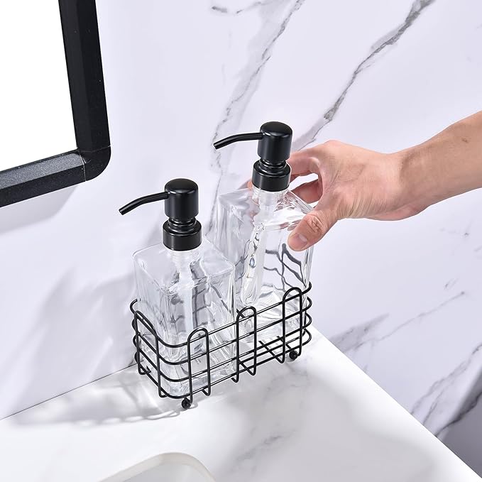 Glass Soap Dispenser Set, Matte Black Stainless Steel Pump & Clear Square Glass Soap Dispenser Bottle, 2 X 13.5oz Refillable Liquid Hand Soap Jar for Kitchen & Bathroom