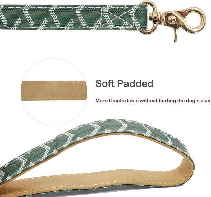 Leather Dog Collar and Leash Set, Check Pattern Dog Collar Leashes Metal Buckle Adjustable Durable for Small Medium Large Dogs (Green, S(11.4-13.4IN))