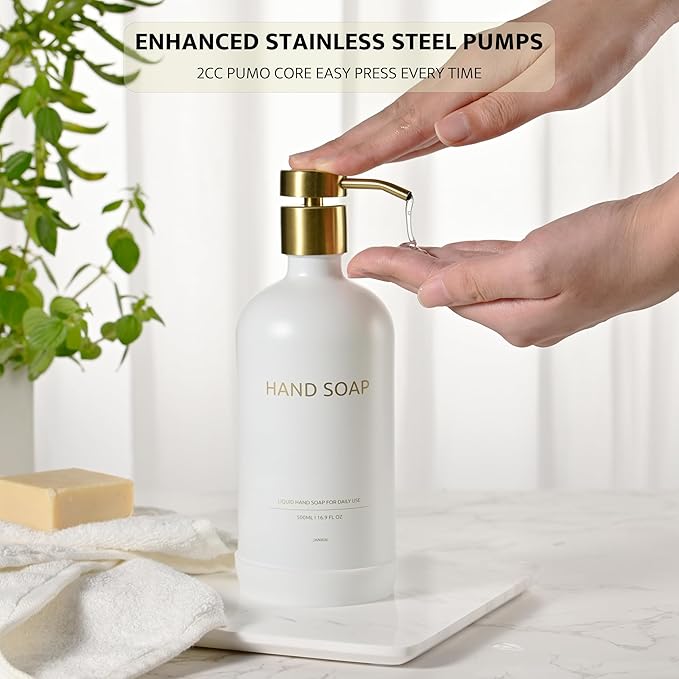 Glass Soap Dispenser Bathroom Set by Janxin, Foaming Kitchen soap Dispenser with Ceramic Tray for Dish Soap, Liquid Soap Dispenser for Hand Soap, Lotion, Body Wash (White+Gold)