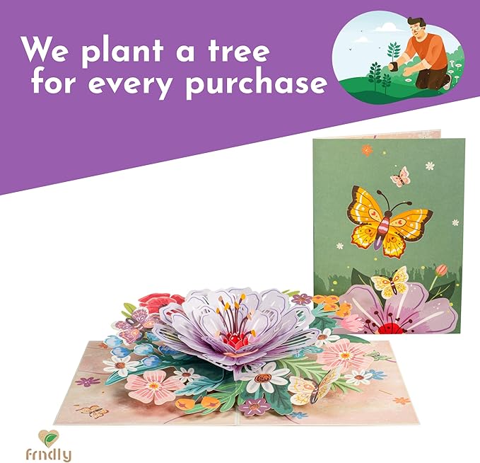 Frndly by Paper Love 3D Floral Bliss Pop Up Card, Gift for Birthday, Wedding, Anniversary, Thank You, Get Well, Valentine’s Day, Mother’s Day & All Occasions, 100% Recycled & Eco-Friendly, 8" x 6" Cover, Includes Envelope and Note Tag