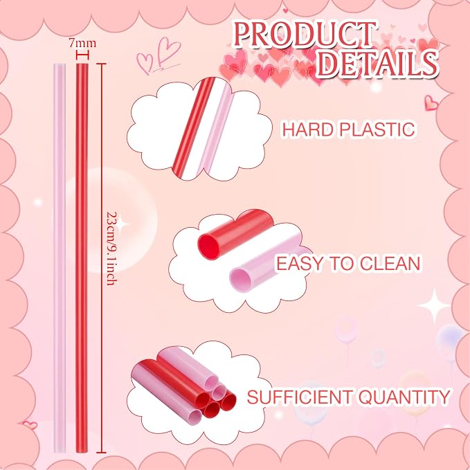Honeydak 120 Pcs Red and Pink Straws, 9 Inch Reusable Hard PP Plastic Drinking Straws Cute Party Straw for Cocktails Smoothies Juice for Cold Drinks, Party Supplies