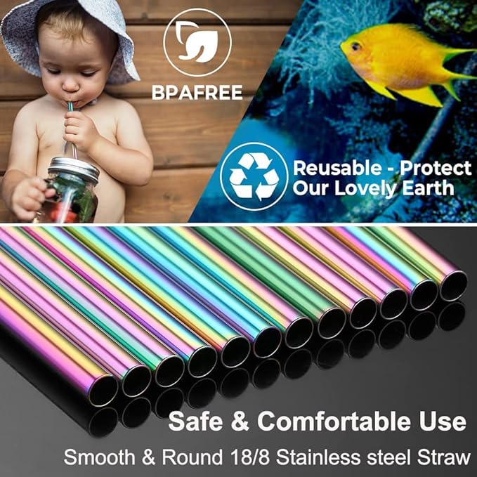 Vinaco Reusable Smoothie Straw, 0.4'' Extra Wide Stainless Steel Straw 10.5'' & 8.5'' Long colorful Straws, 6 Pack Metal Straw with 1 Reusable Straw Brush Cleaner for Milkshake, Smoothie, Bubble tea