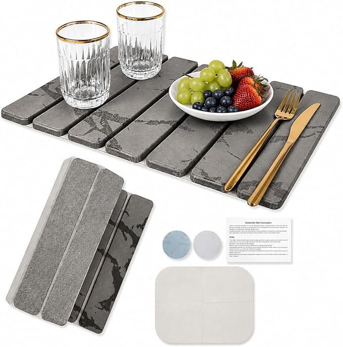 Stone Dish Drying Mat for Kitchen Counter, Quick Dry Diatomaceous Earth Dishes Mat, Foldable Water Absorbing Drying Organizer Pad for Plate Rack Bottles Utensils, Light Gray, 30x40 cm