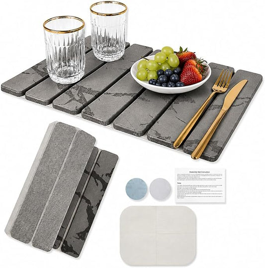 Stone Dish Drying Mat for Kitchen Counter, Quick Dry Diatomaceous Earth Dishes Mat, Foldable Water Absorbing Drying Organizer Pad for Plate Rack Bottles Utensils, Light Gray, 30x40 cm