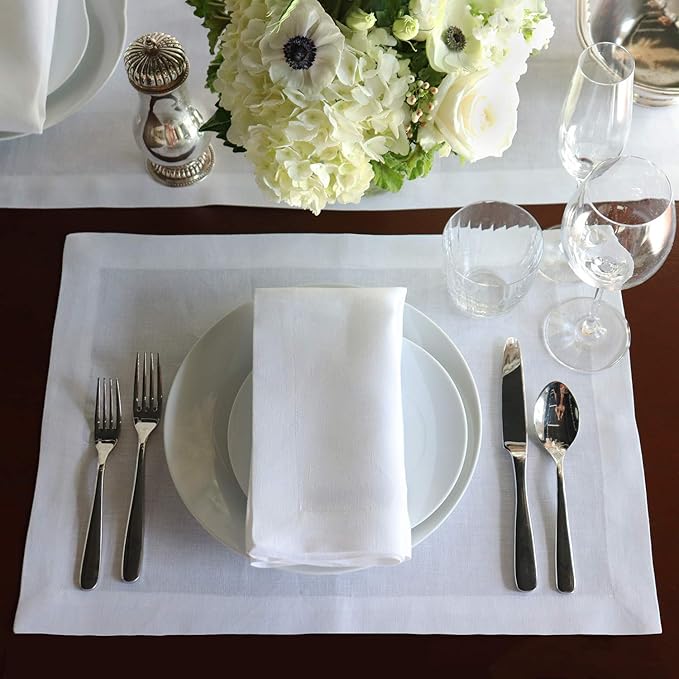 Huddleson White Linen Napkin 20x20 (Set of Four) Luxury Italian Linen Napkin Sewn in US