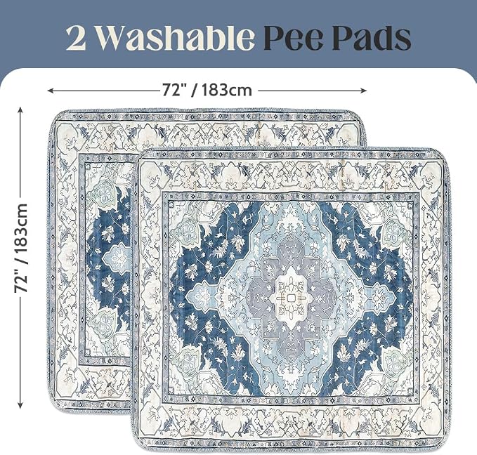 Washable Pee Pads for Dogs, 2 Pack Reusable Puppy Training Pads 72"x72" Super Absorbent Waterproof Dog Training Pads, Non-Slip Potty Pads, Whelping Pads Litter Mat Navy & Ecru