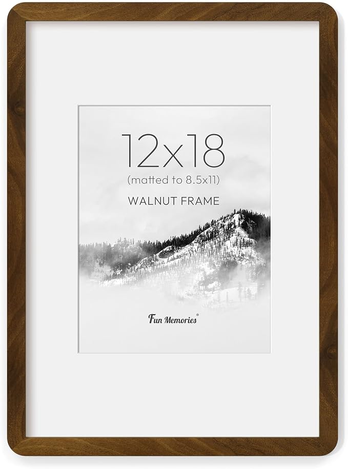 Fun Memories 12x18 Picture Frame - Solid Walnut Wood Poster Frame, 12x18 Photo Frame with Mat for 8.5x11, 12 By 18 Wooden Picture Frame, Horizontal or Vertical Wall Display, Natural Walnut