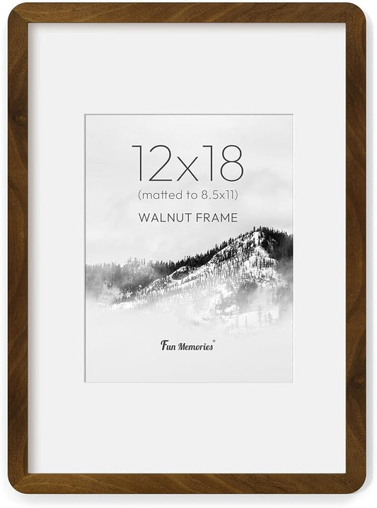 Fun Memories 12x18 Picture Frame - Solid Walnut Wood Poster Frame, 12x18 Photo Frame with Mat for 8.5x11, 12 By 18 Wooden Picture Frame, Horizontal or Vertical Wall Display, Natural Walnut
