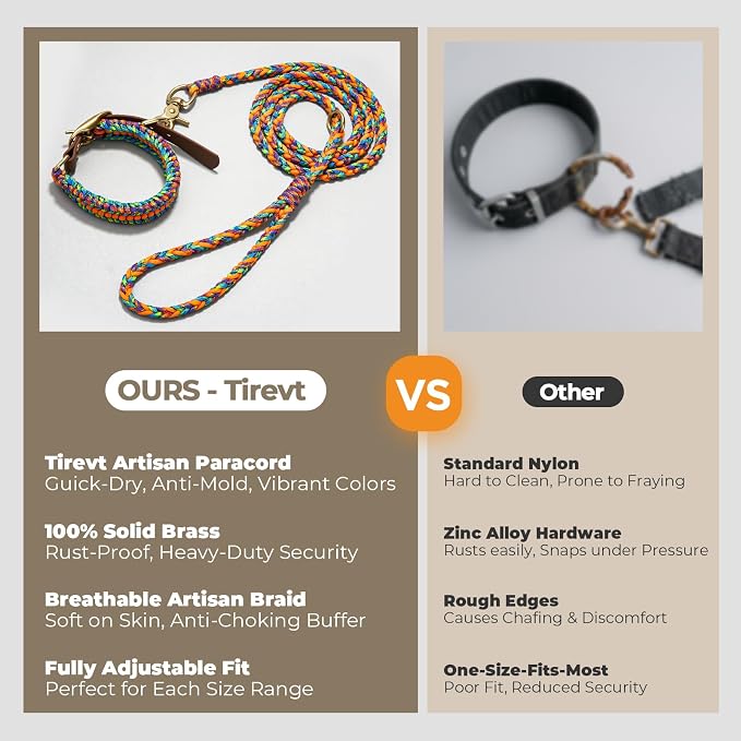 Tirevt Hand-Woven Dog Collar and Leash Set:Color-Block Design, Premium Reinforced Buckle, Adjustable Artisan Paracord for Puppies, Small, Medium & Large Dogs (Rainbow, M)