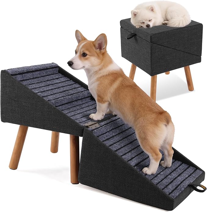 Dog ramp for Small Dogs, 2-in-1 Pet Steps & Ottoman - Foldable Dog ramp for Couch, Non-Slip Wooden Pet ramp for Puppy Senior Injured Dogs, Black, XL(17.13H)