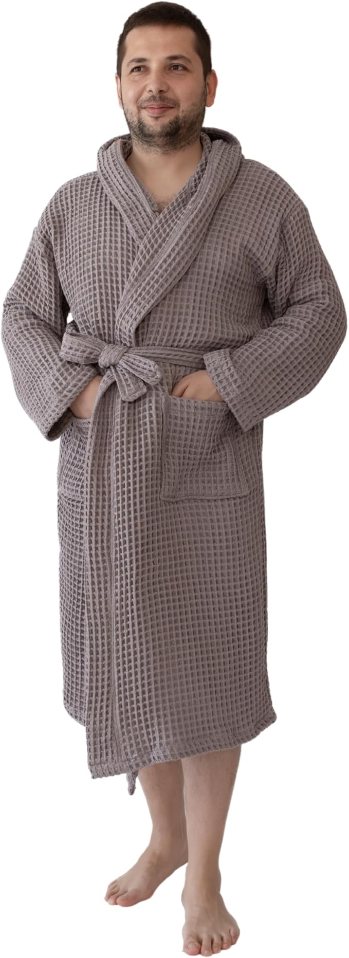 100% Turkish Cotton Men's Waffle Robe with Hooded, Premium Soft Cozy Housecoat or Quick-Dry Bathrobe for Mens