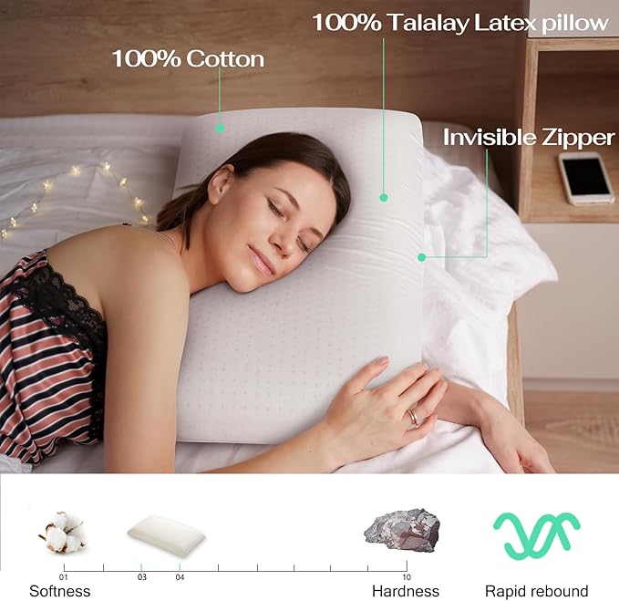 Natural Talalay Latex Pillow, Bed Pillow for Neck Pain Relief, Breathable Cooling Pillow with 100% Cotton Cover, Oeko-TEX Certified Support for Side, Back Sleepers (1, Queen (Low Loft))