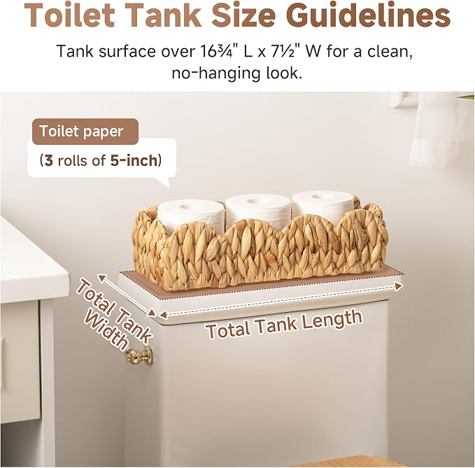 StorageWorks Water Hyacinth Small Scalloped Baskets for Bathroom Decor, Wicker Toilet Paper Basket for Back of Toilet Basket Tank Topper, Decorative Bathroom Baskets for Organizing and Storage, 2 Pack