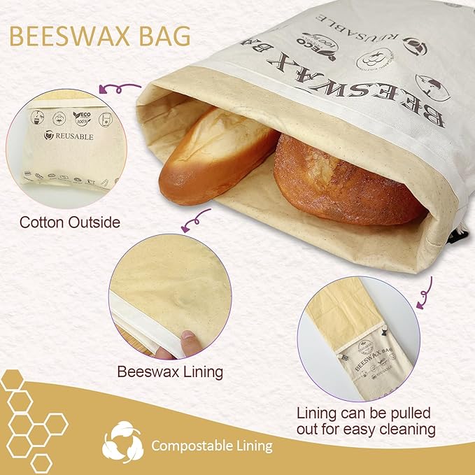 Reusable Beeswax Bread Bags for Sourdough: XL Eco-Friendly Fresh Food Storage (13x17in, 2 Pack) | Moisture Lock, Sustainable Homemade Bread Preservation