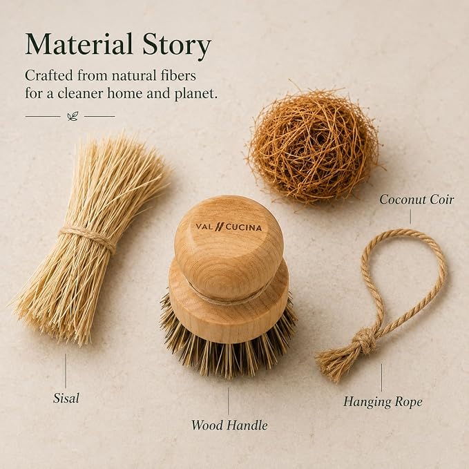 VAL CUCINA Natural Bamboo Dish Brush 2 PCS - Eco-Friendly Wooden Scrub Brush for Dishes, Pots, Pans and Cast Iron Skillet - Plant-Based Sisal & Coconut Bristles Kitchen Sink Scrubber