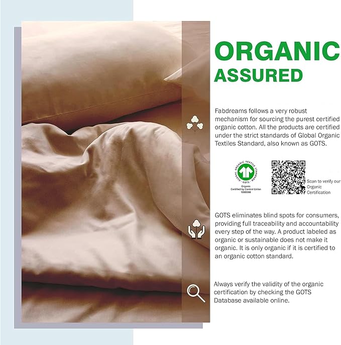 Fabdreams GOTS Certified 100% Organic Cotton Duvet Cover Queen Size - 400 TC Sateen - Soft - Silky - Button Closure - Edge Ties - 1 Duvet Cover (90"x92")+2 Pillow Shams (20"x26") - Taupe