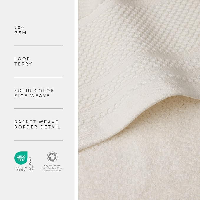Texere 100% Organic Cotton Rice Weave Jacquard 700 GSM Luxury Bath Towel Sets - Ultra Soft and Absorbent Hotel and Spa Quality (Rice Weave, Cream, 2 Hand & 2 Face Towels)