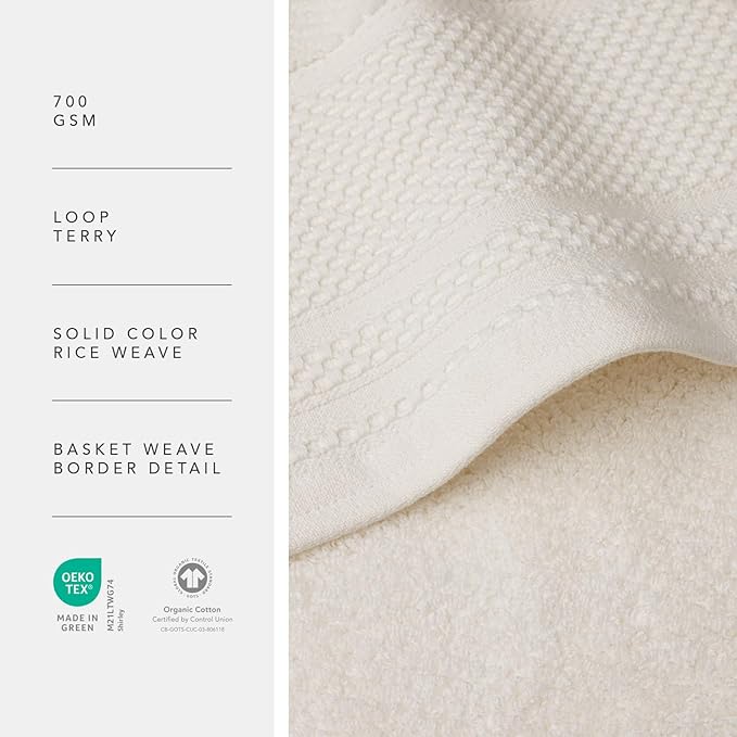 Texere 100% Organic Cotton Rice Weave Jacquard Luxury Bath Towel Sets - Soft and Absorbent Hotel and Spa Quality - 2 Large Bath Towels, 2 Hand Towels, 2 Washcloths (Rice Weave, Cream, 6 Piece)