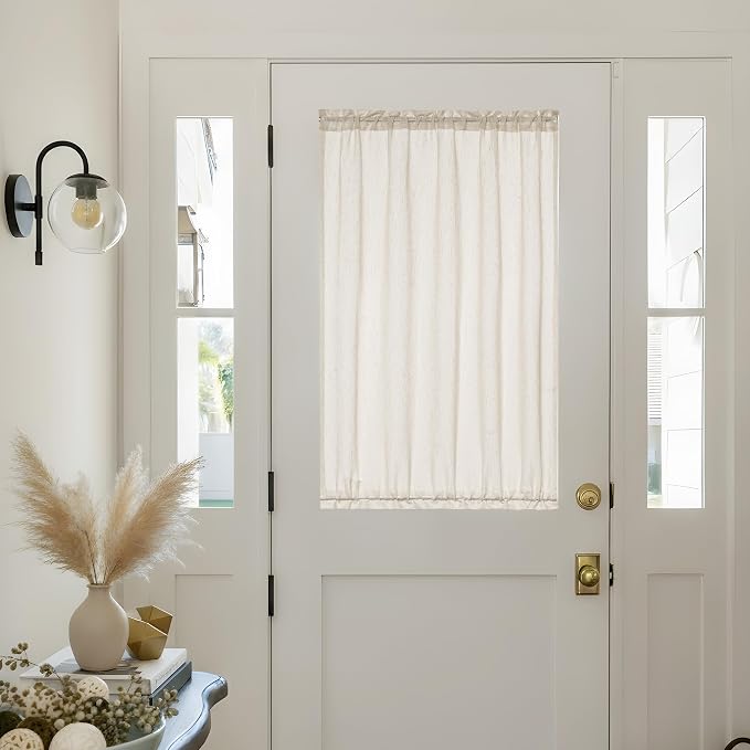 Natural Linen French Door Curtains Set of 2, Light Filtering Privacy Window Curtains 25 x 40 Inch Length with Dual Rod Pocket and Tie Back Drapes Beige Semi Sheer Front Door Curtain W25xL40