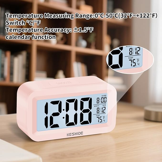Travel Digital Alarm Clock,Battery Operated with Backlight, Indoor Temperature, Desk Small Clock,Snooze Model,12/24H Display for Bedrooms Heavy Sleepers Kids Travel Bathroom