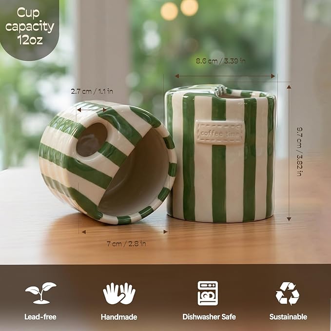 Ceramic Coffee Mug with Lid, Ceramic Travel Mug with Straw Hole, 12oz Retro Striped To Go Coffee Mug for Hot & Cold Drinks, Microwave & Dishwasher Safe，Green