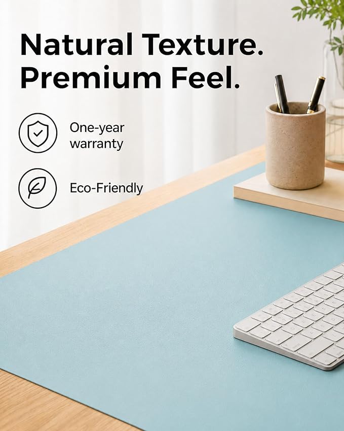 Aothia Cork Desk Mat - Dual-Sided Extra Large Desk Pad & Keyboard Mat, Long PU Leather Desk Protector, Waterproof Desktop Blotter (47" x 17", Blue Topaz)