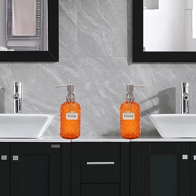 16 oz Diamond Pattern Glass Soap Dispenser, Kitchen and Bathroom Refillable Soap Dispenser with Rust Resistant Stainless Steel Pump for Hand Soap, Lotion Glass Liquid Dispenser (2pack)